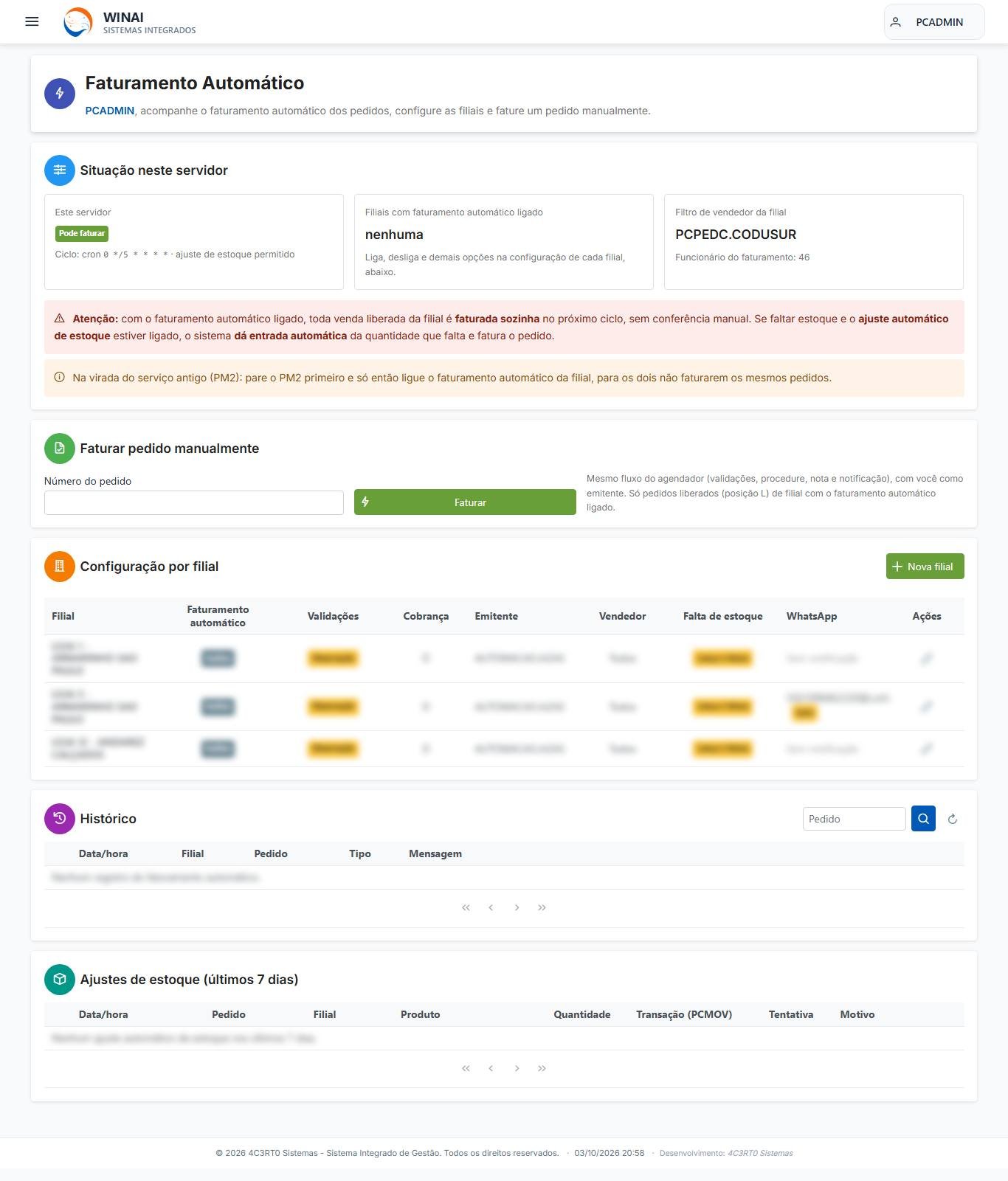 Faturamento automático: configuração por filial, situação do agendador e histórico